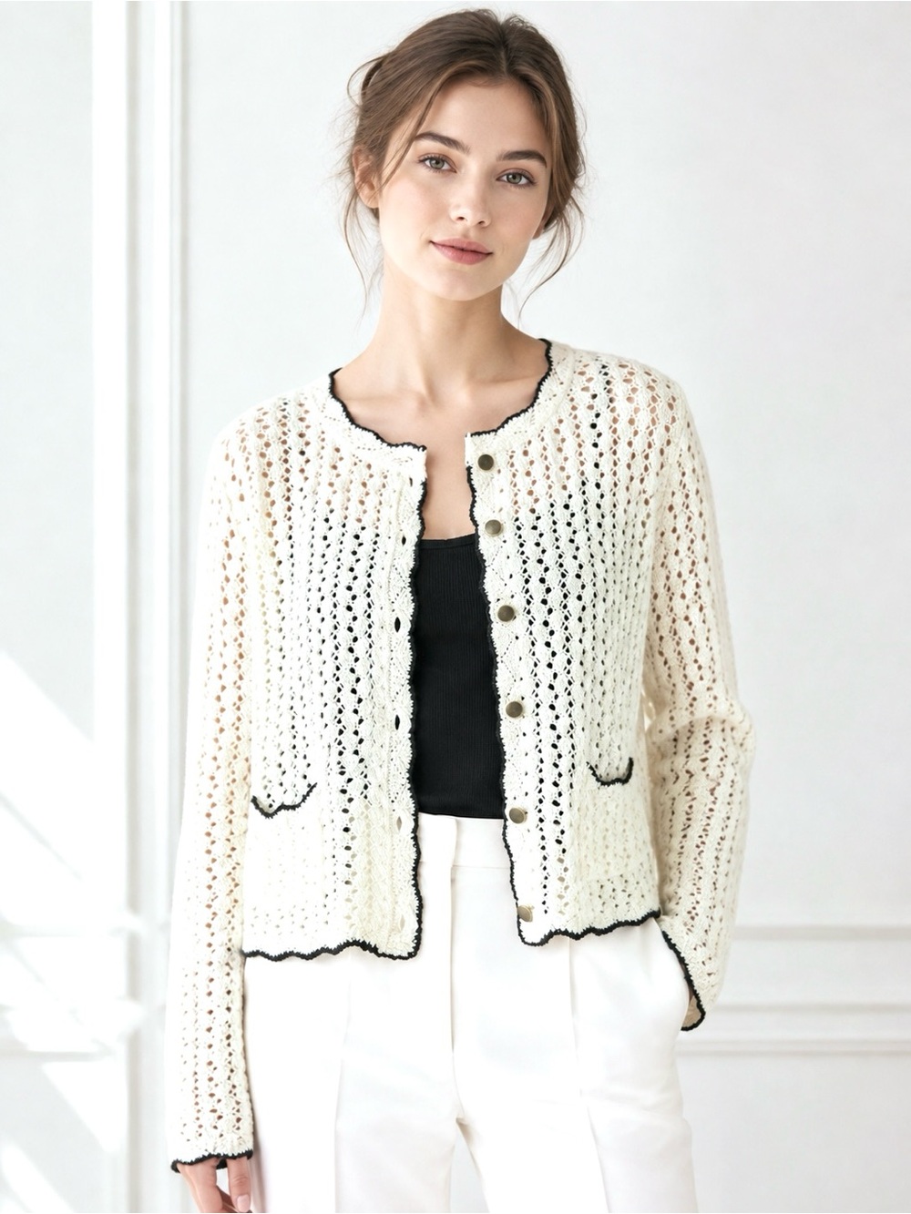Gemma + Jane Crochet Cardigan Contrasting Scalloped Trims Patch Pockets Ivory